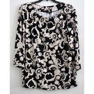 Top/Blouse-Talbots-Black-Cream Design-Gathering at Boat Neckline-Size 1X